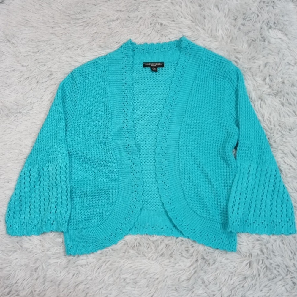 Notations Sweater Womens Cardigan Blue Petite M Open Front Cropped Crotchet